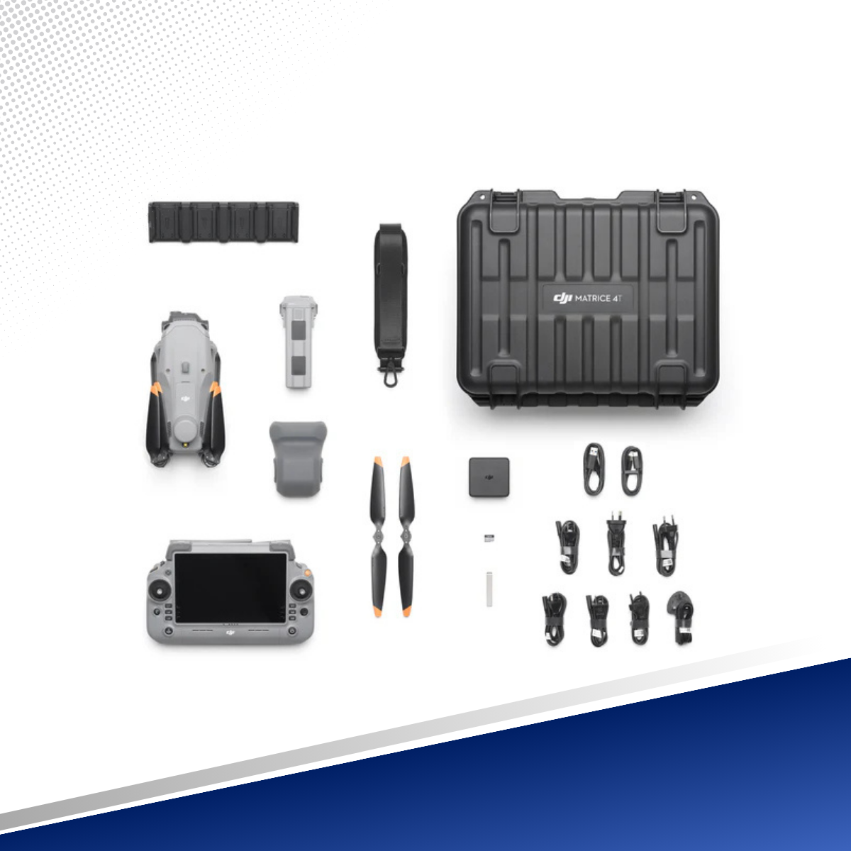 Miniatura: Contenido del combo del DJI Matrice 4T: dron plegado, control con pantalla, baterías, hélices y maletín rígido