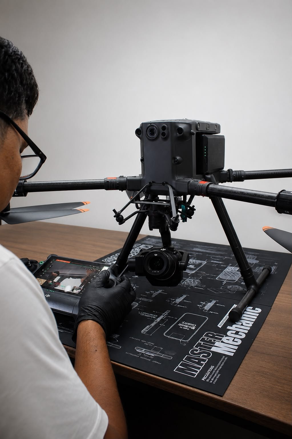 Técnico de TECDJI PERÚ revisando un dron DJI Matrice con la app de diagnóstico sobre la mesa de trabajo del taller en Lima